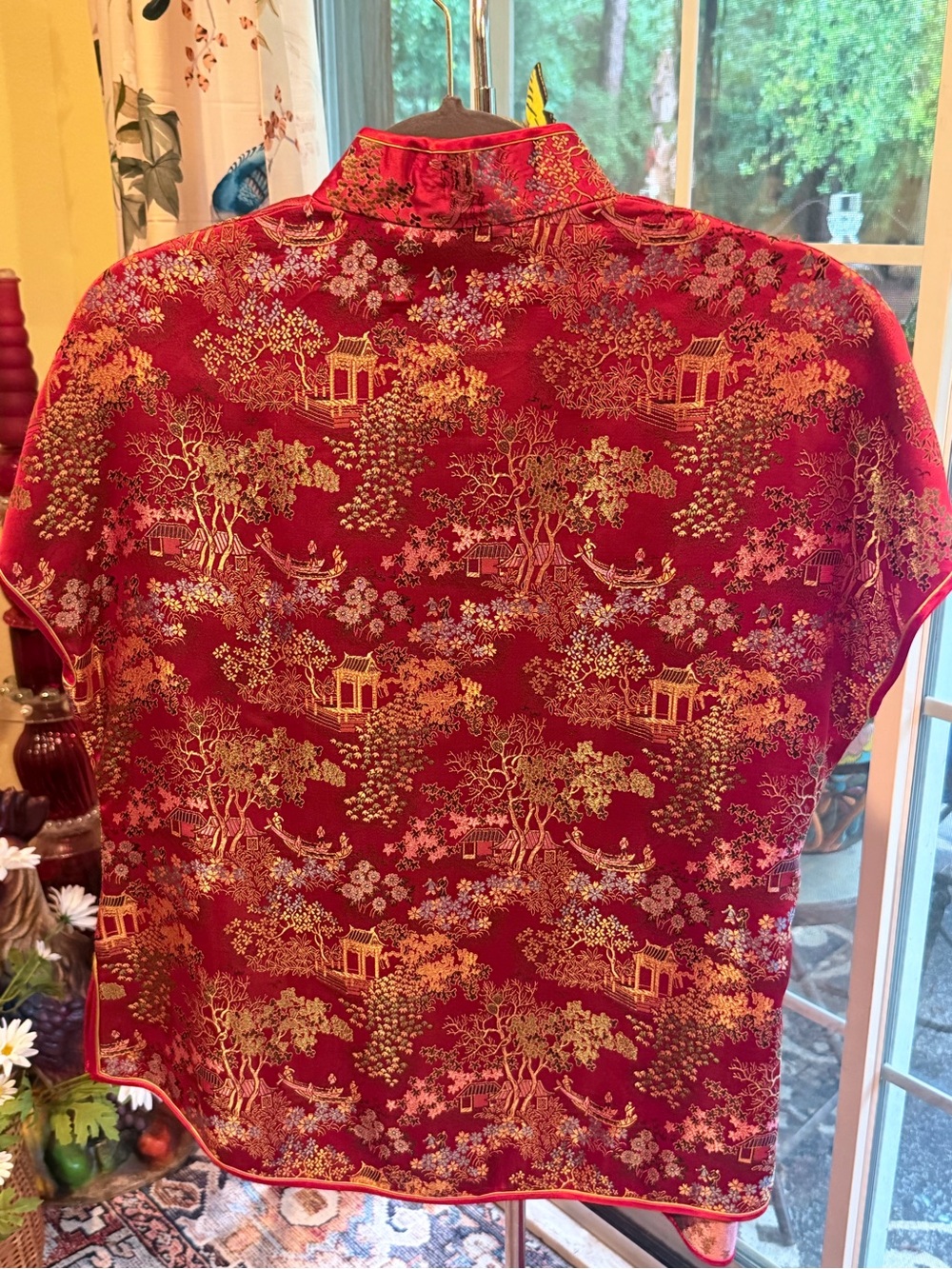 Red Satin Mandarin Collar Pant Set - Asian-Inspired Women's Pantsuit - Picture 4 of 8